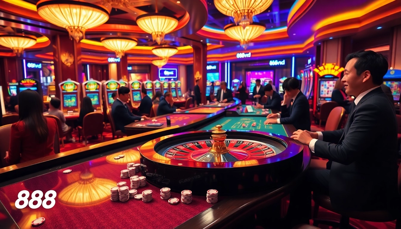 Excited gamblers enjoy thrilling games at 888VND casino tables with vibrant colors.