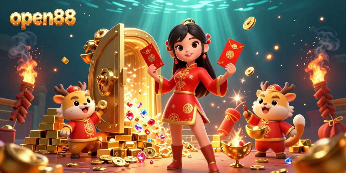 Win big at open88 with a stunning casino scene filled with treasures and festive elements.