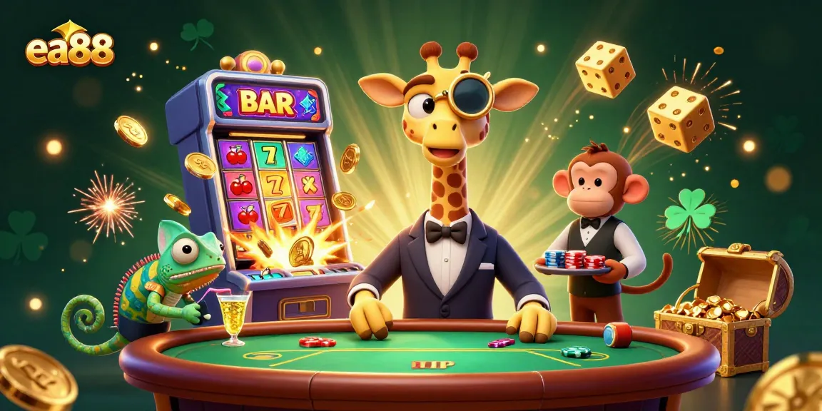 ea88 showcases a vibrant 3D casino scene with characters enjoying games and winning big.