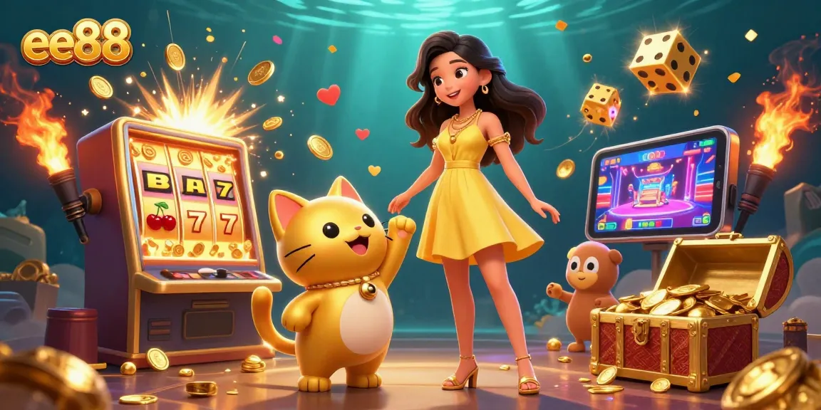 Experience thrilling wins at ee88 with a vibrant casino scene filled with coins, games, and joyful characters.