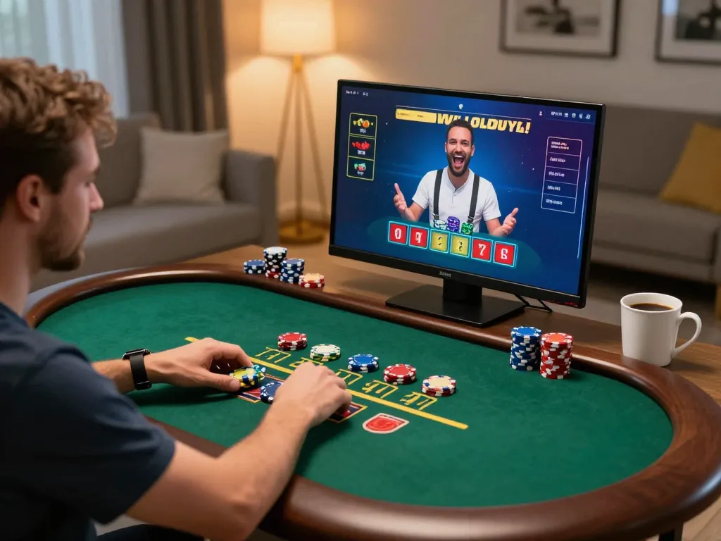 Player enjoying an online blackjack game with sunwingo, showcasing strategic betting in a cozy home environment