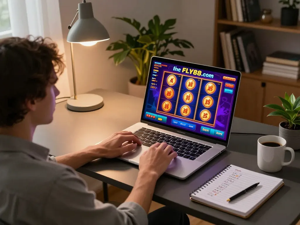 FLY88 player engaging with an exciting online slot game at home, showcasing a cozy gaming setup and strategic notes.