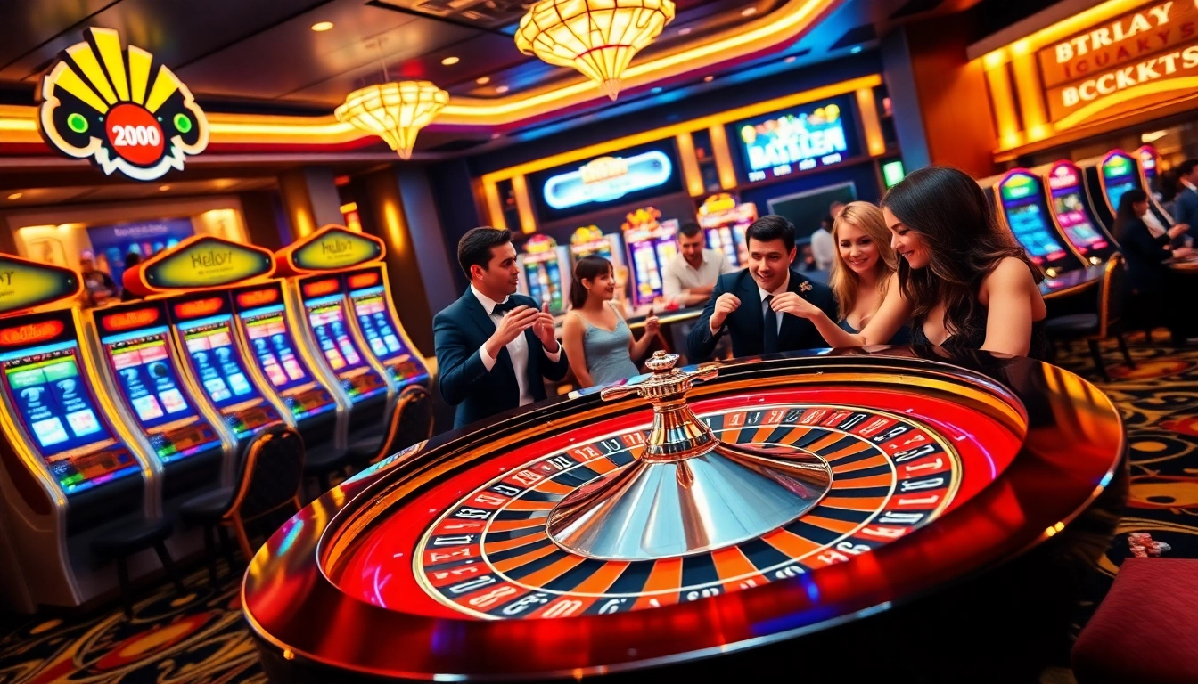 Hello88 casino vibrant scene featuring roulette, excited players, and colorful chips.