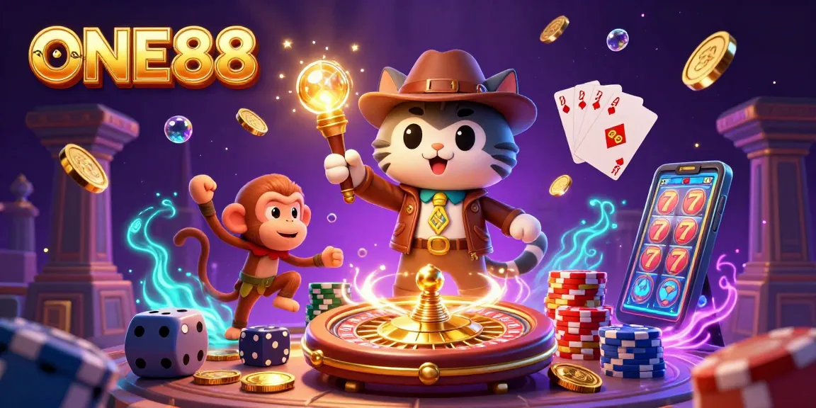 Discover ONE88's vibrant casino world featuring treasure-hunting cat and monkey amid dazzling gaming elements.