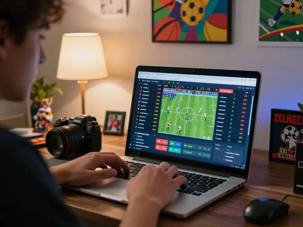 Tracking kèo nhà cái live on a laptop for football matches in a cozy home office