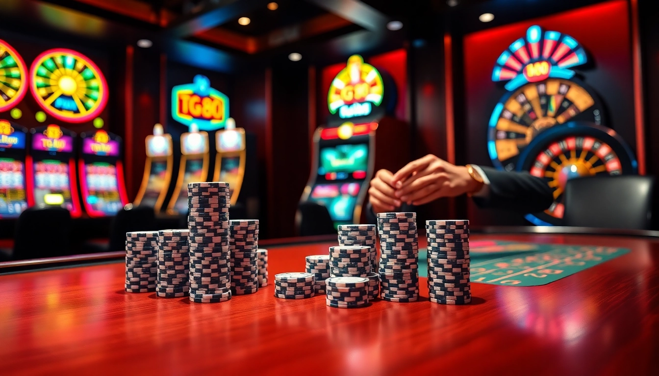 Experience the excitement of TG88 casino games with vibrant poker tables and glowing slot machines.