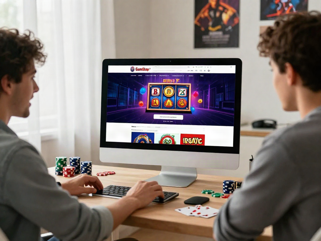 Person exploring casino sites not on GamStop in a vibrant home office.