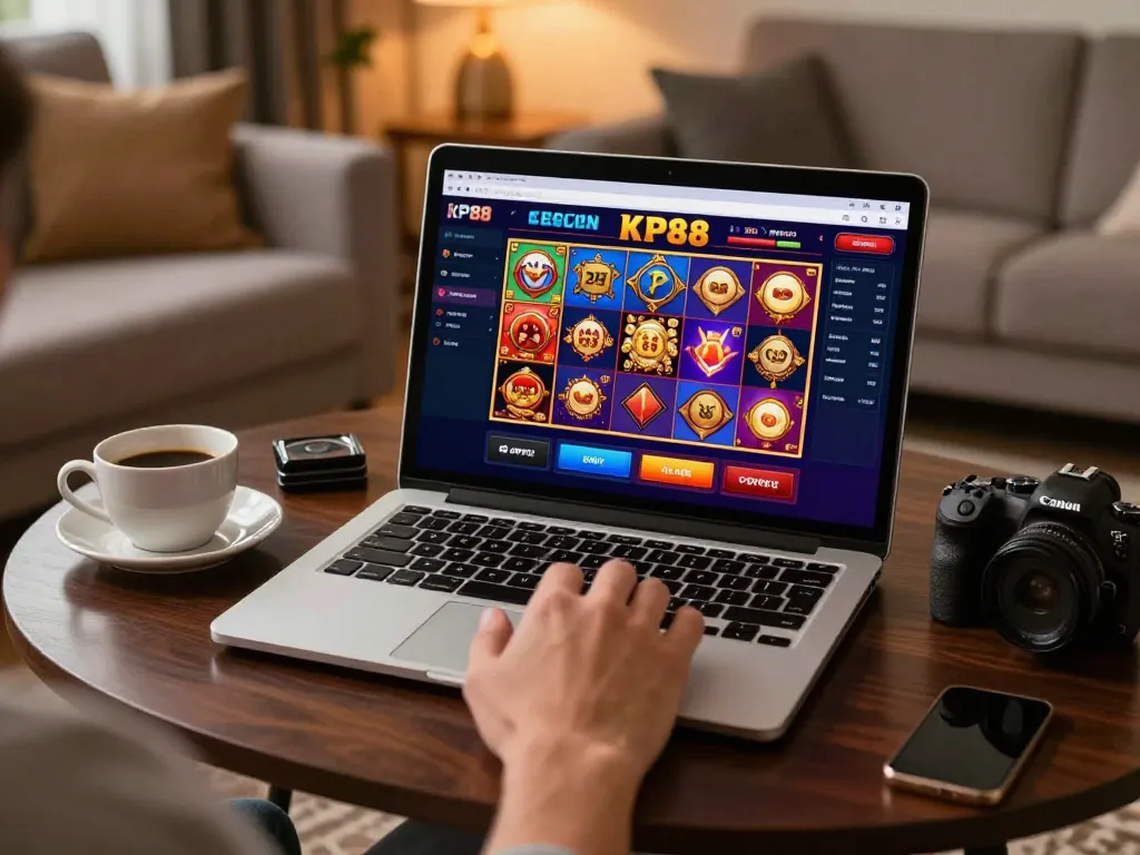 Player winning at KP88 online gaming platform on laptop with cozy setting