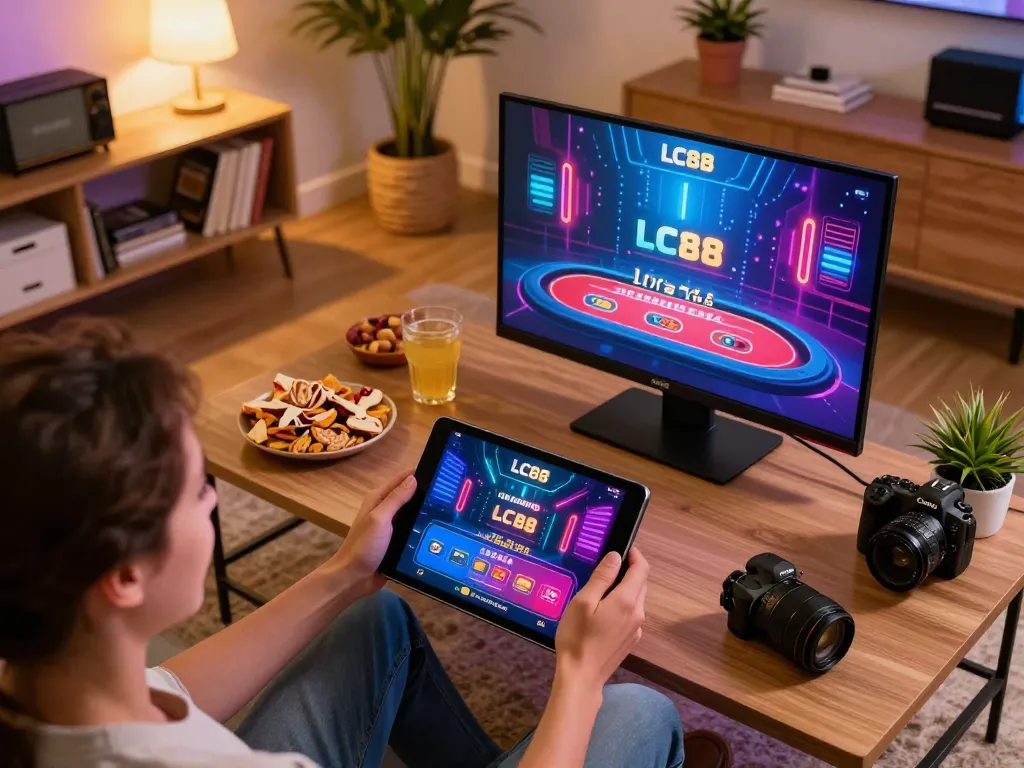 Play engaging games on the LC88 app in a cozy home gaming setup.