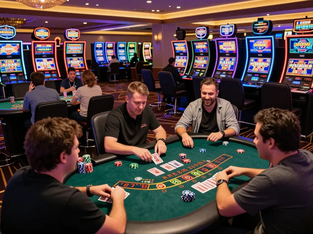 Players engaging in a thrilling blackjack game at FABET casino, showcasing excitement and festive atmosphere.