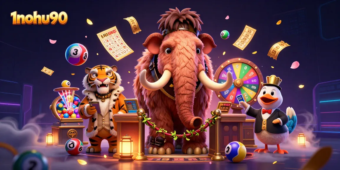 Engage in thrilling gaming action at 1nohu90 as mammoth bouncer checks VIP guests amidst vibrant casino elements.