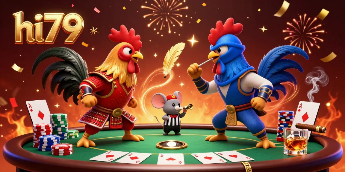 hi79 showcases a thrilling standoff of twin fighting roosters amidst a vibrant casino scene filled with poker elements.