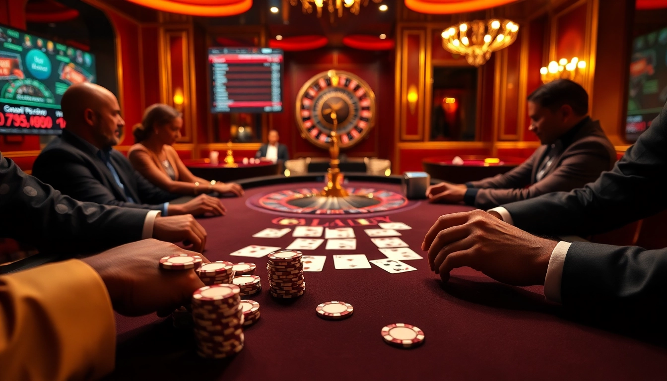 Players engaged in an exciting poker game at a luxurious casino table at https://c168.works/ showcasing betting chips and cards.