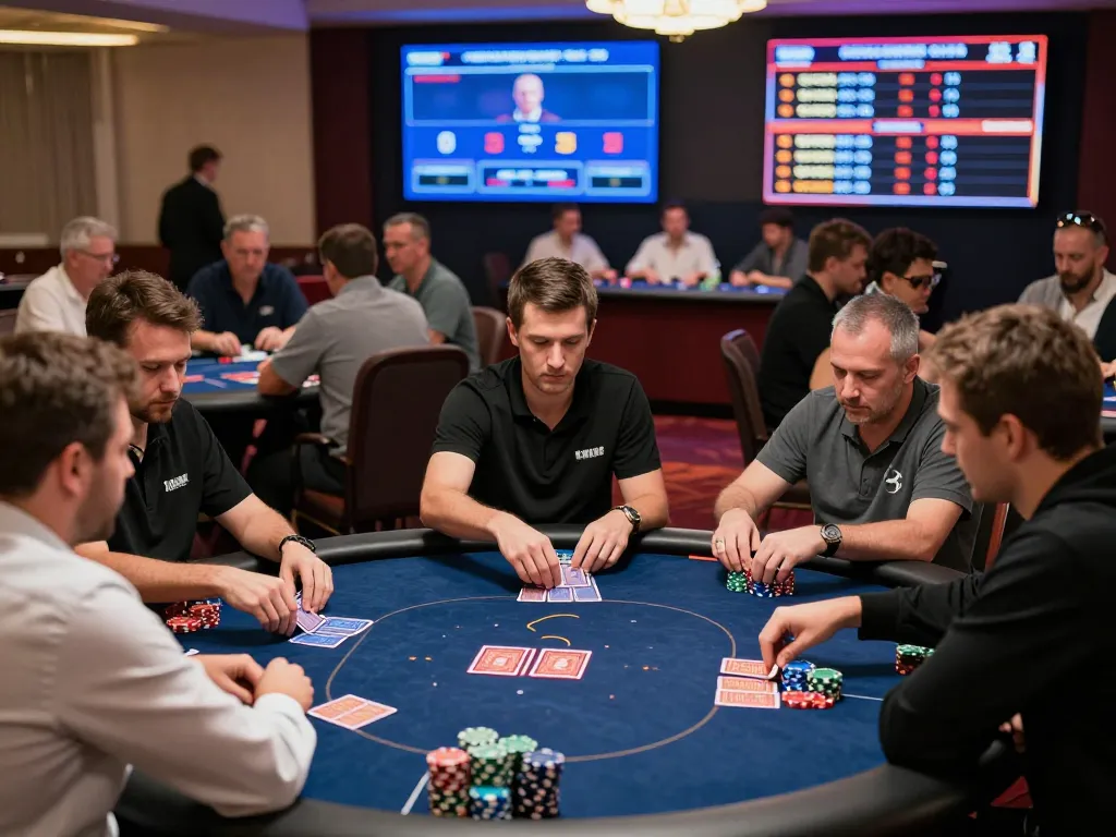 Casino atmosphere with players at hit-club poker tables focusing on cards and chips