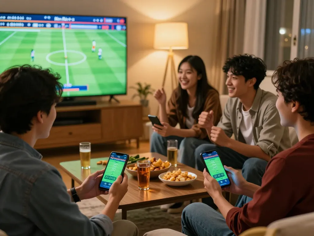 Kèo Nhà Cái odds displayed on smartphone during engaging home sports betting night with friends.
