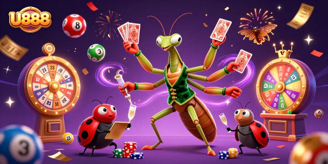 U888 showcases a lively casino scene with a giant praying mantis card sharp and vibrant lottery elements.