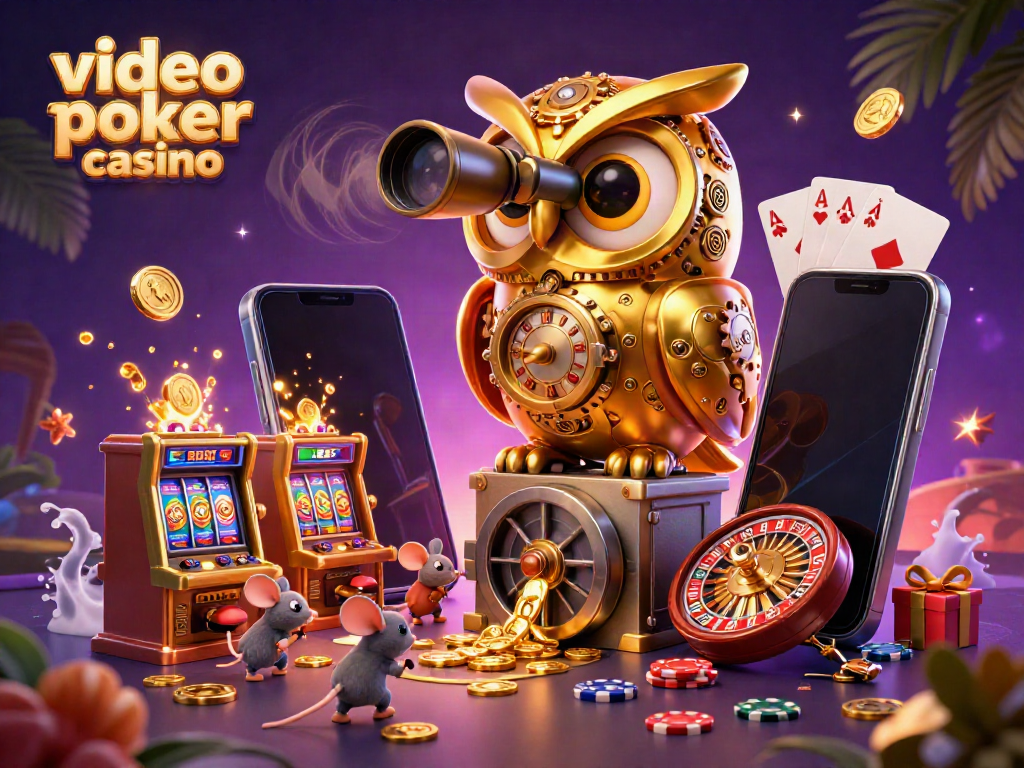 Experience the excitement of a video poker casino with dynamic 3D characters, swirling energy, and vibrant gaming elements.