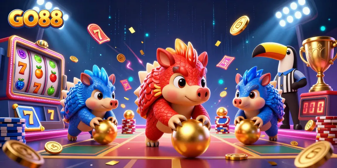 Engage with GO88 as rival pangolins battle in a vibrant casino-themed showdown.