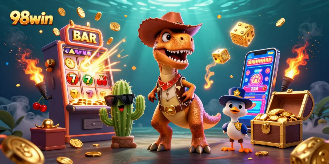 Experience the thrilling 98win online casino with vibrant 3D characters winning big on slots.
