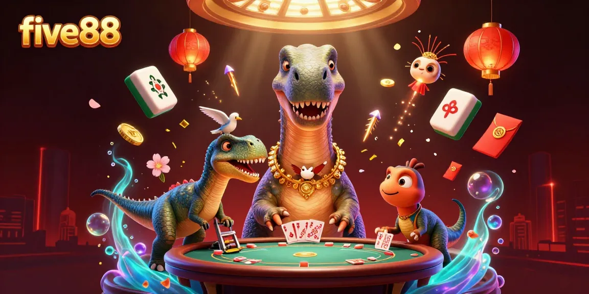 Experience the excitement of five88 with a vibrant 3D casino illustration featuring dynamic characters and games.