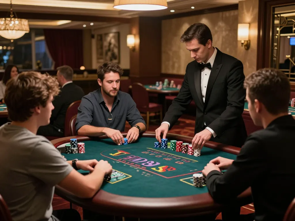 Engaged players at HD88 blackjack table strategizing bets and enjoying casino atmosphere