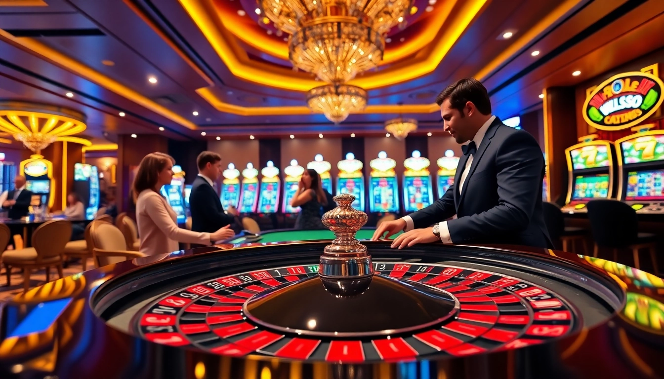 Experience the excitement at V88 com with players enjoying roulette and slot machines in a luxurious casino setting.