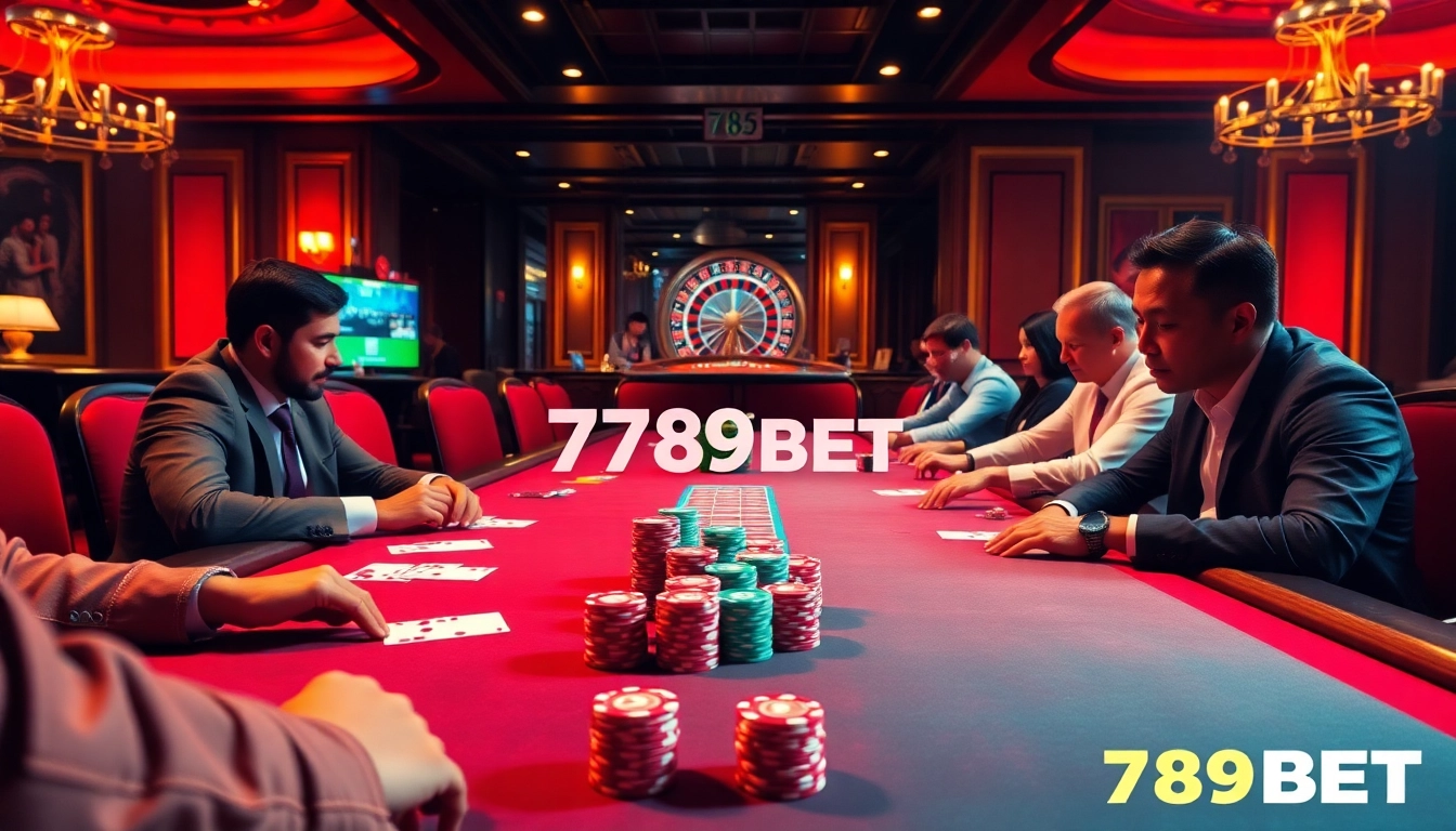 Capture an exciting poker game scene at 789BET with vibrant chips and cards.