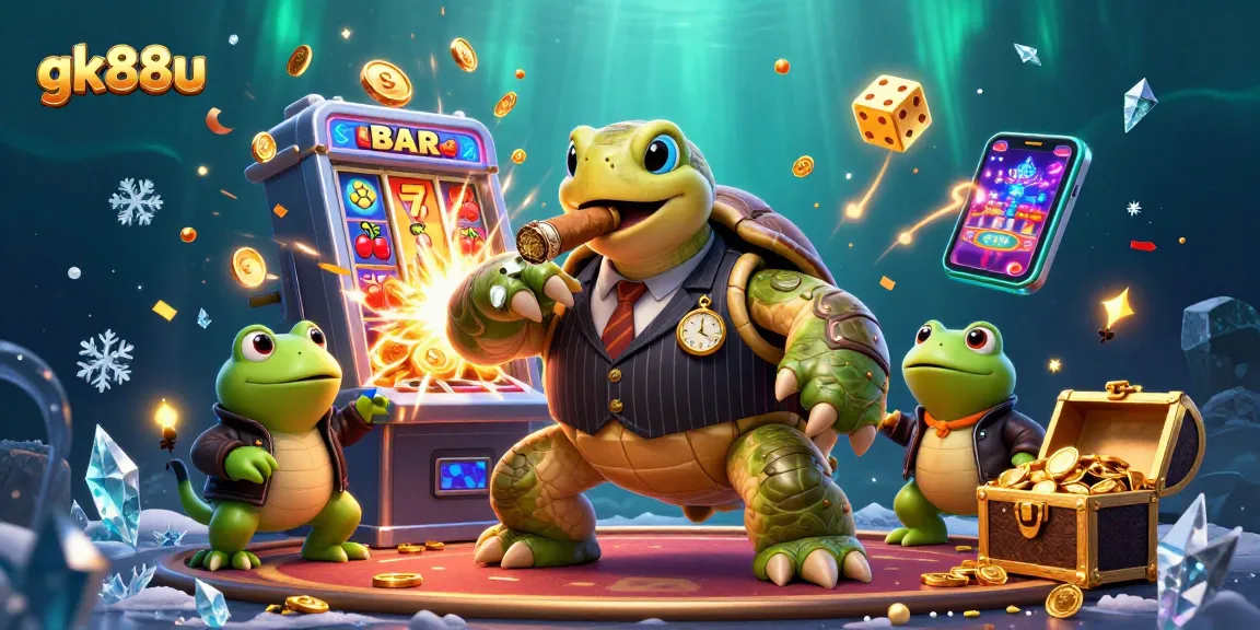 Experience vibrant gambling thrills at gk88u with a majestic turtle, bullfrog enforcers, and dynamic casino elements.