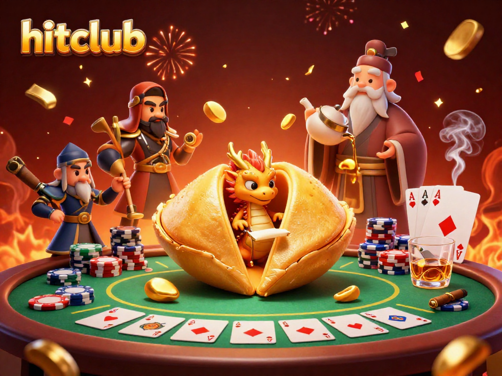 Engage with the hitclub experience featuring a vibrant 3D casino scene with poker elements.