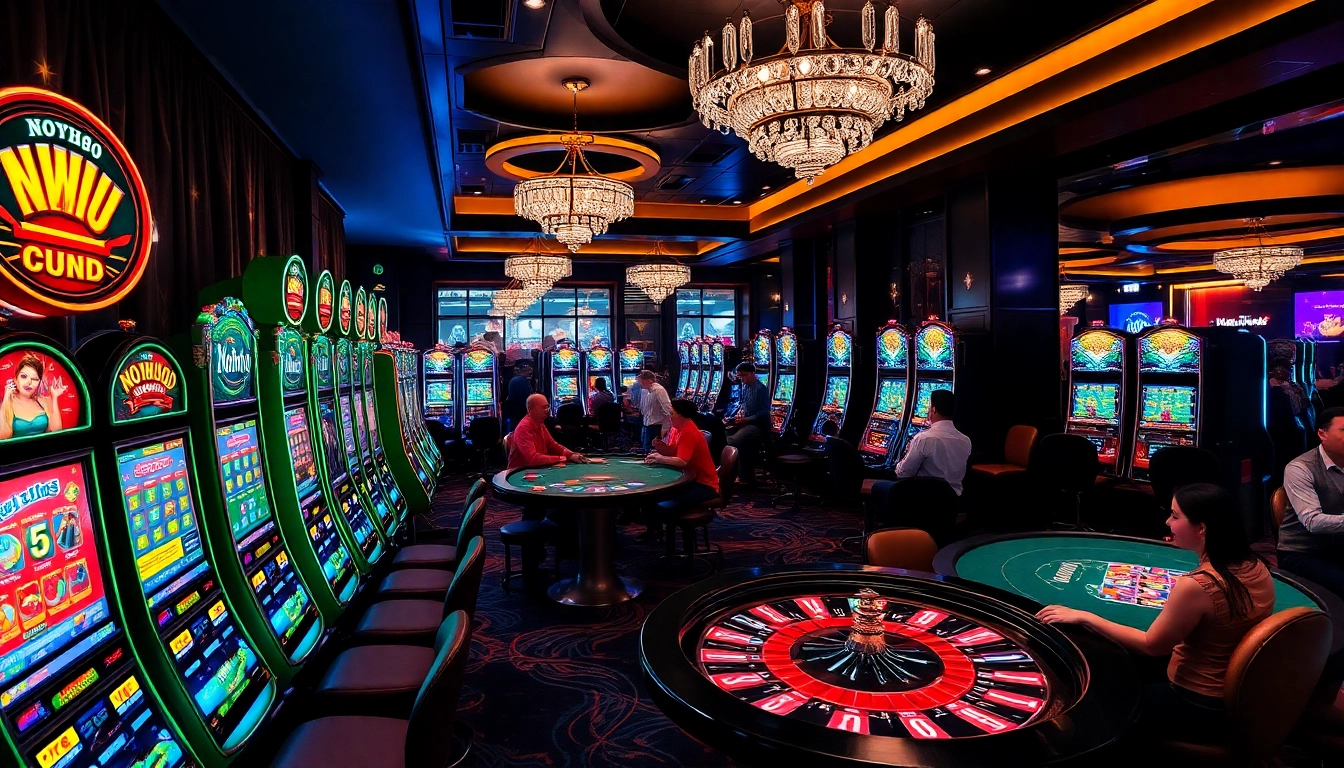 Exciting casino action at nohu90 featuring vibrant slot machines and a roulette wheel.