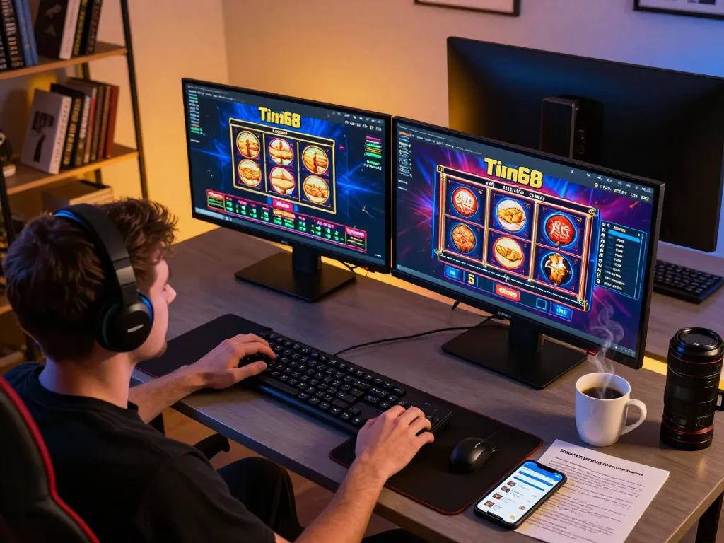 Playing twin68 on a sleek multi-monitor setup, showcasing vibrant casino games and strategies.