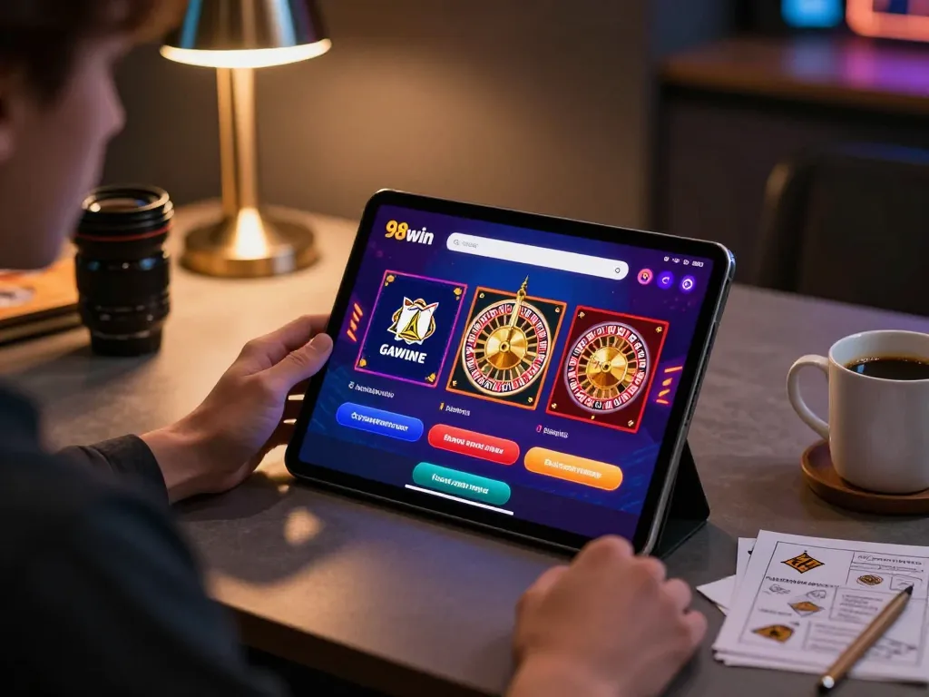 Player enjoying the 98win app on tablet, engaging responsibly in online gambling.