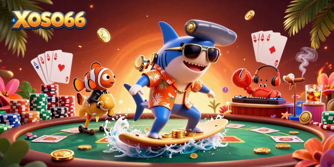 XOSO66 showcases vibrant 3D characters gambling amidst gold coins and poker elements.