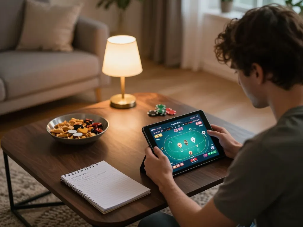 Engaging online poker game on tablet during cozy home session with 33WIN competitor strategy