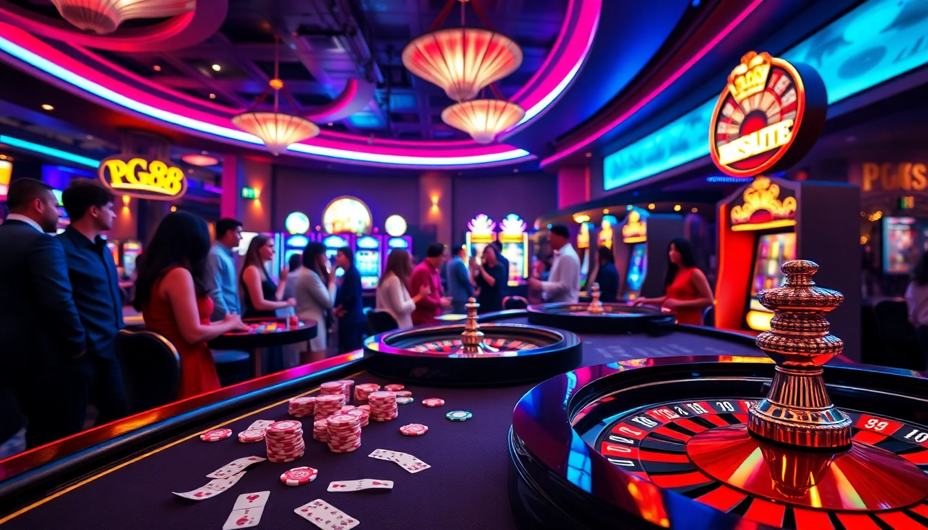 PG88 luxury casino atmosphere with excited players celebrating wins at glamorous tables.