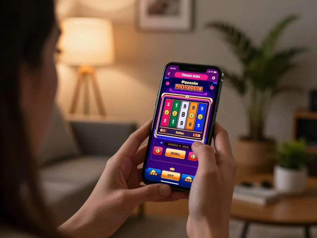 Engaging in mobile gaming on s666no1 with colorful slot reels visible on smartphone.