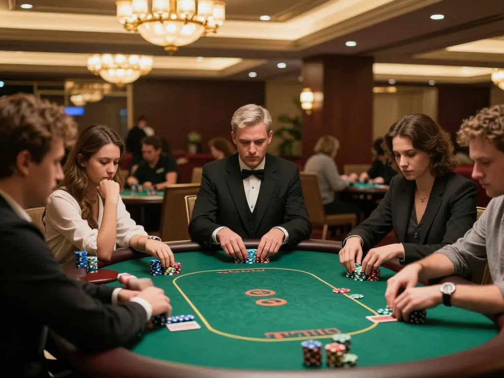 Players strategizing their bets at a high-stakes poker game at hitclub, captured in an elegant casino setting.