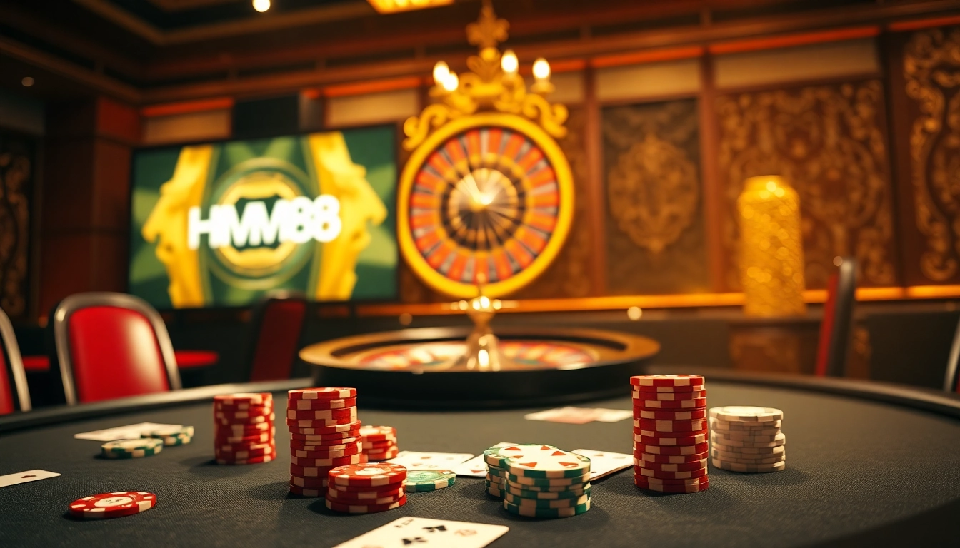 Players strategize at the HM88 poker table, highlighting a thrilling gaming experience.