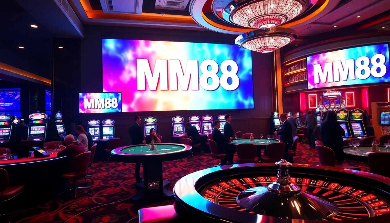Players enjoying a high-stakes game at an MM88 casino with poker chips and vibrant slot machines.