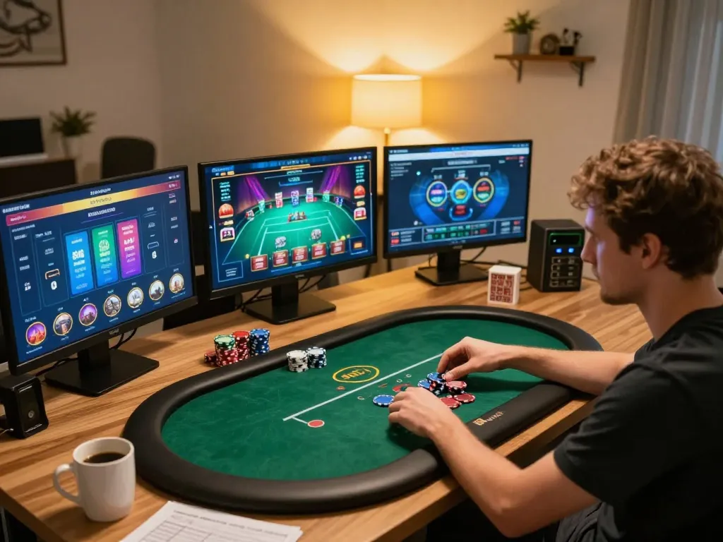 Player strategizing on fabet poker interface during an engaging home gaming session