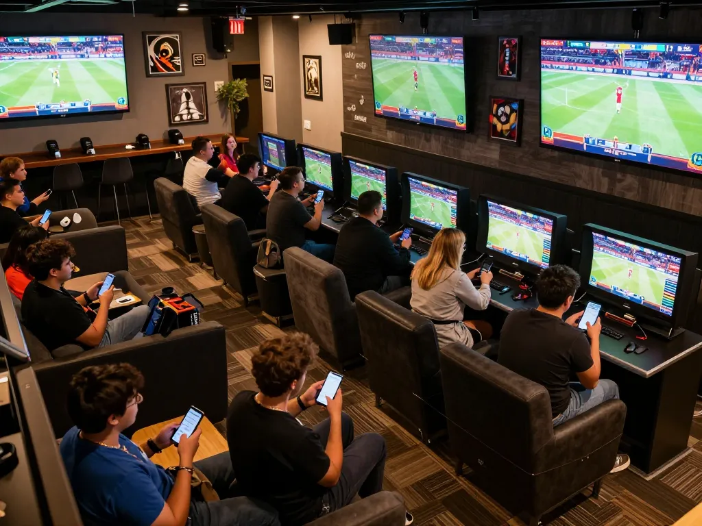 Excited fans engaging with 28Bet betting app in a vibrant sports lounge.
