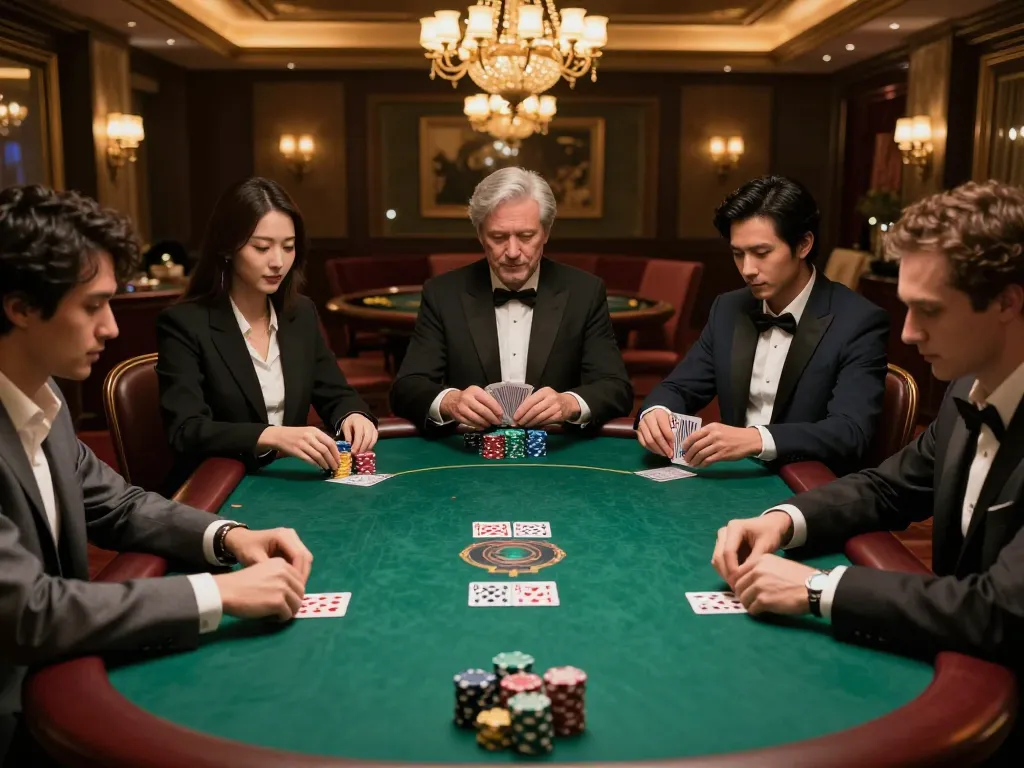 Players at high-stakes poker table strategizing their next move at fly8800 casino.