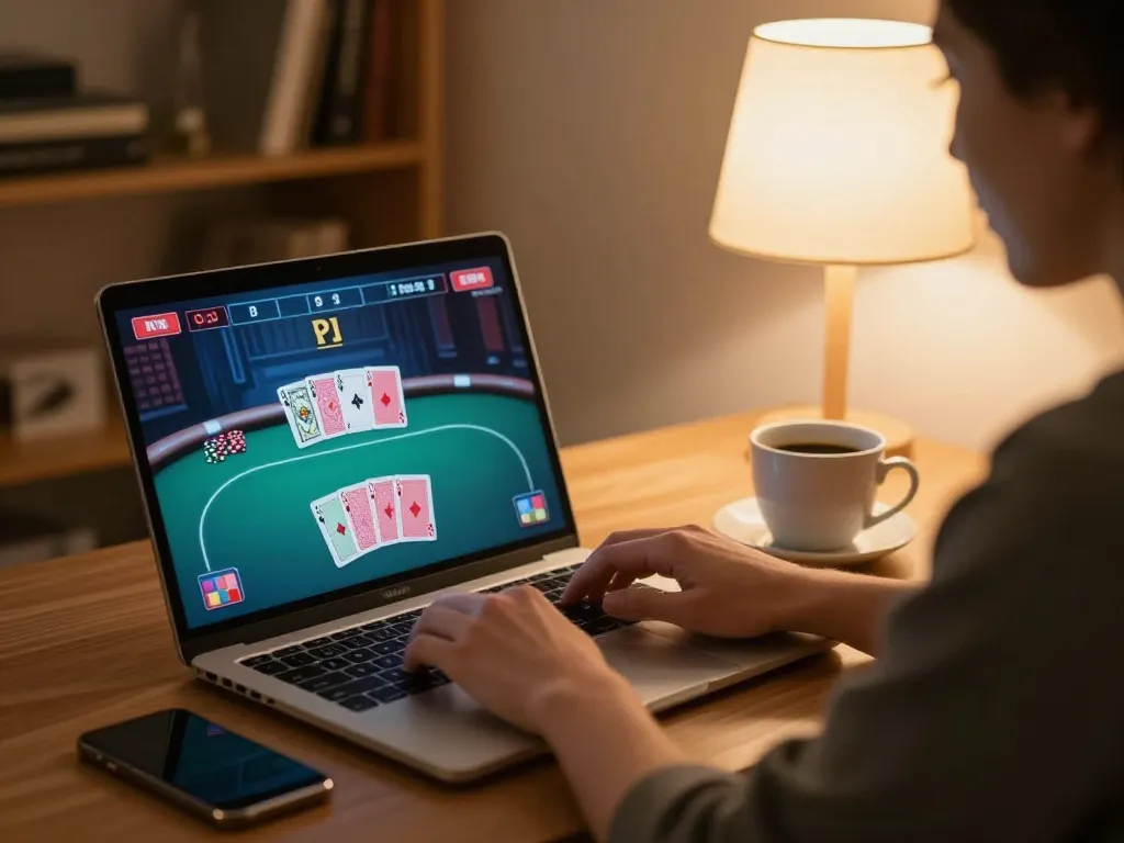 Engage in online poker action using DN888 at a cozy home setup with warm lighting