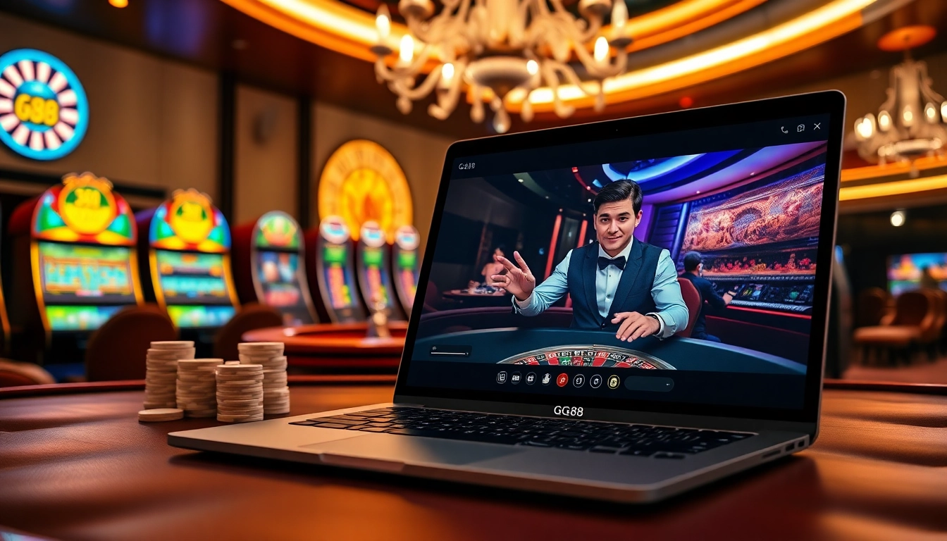 Experience excitement with GG88 as players enjoy a live dealer gaming session in a luxurious casino setting.