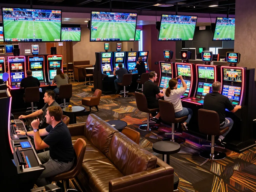 sin88 sports betting action in a lively casino lounge with patrons engaged and screens displaying games