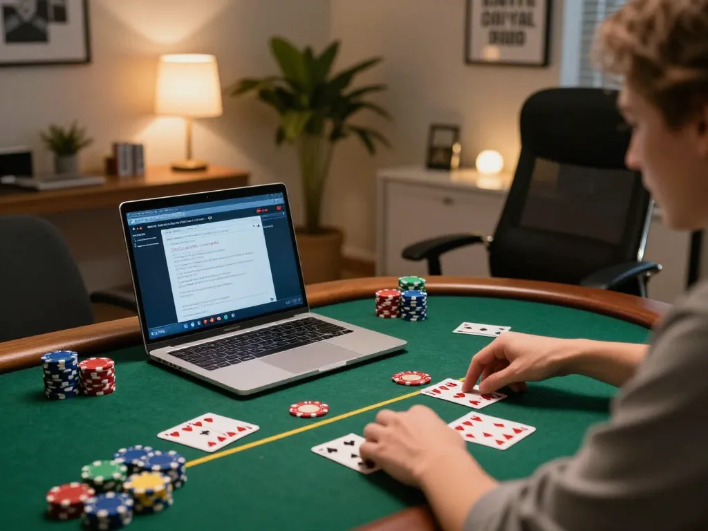 Engaged user playing poker on laptop in cozy setup, showcasing 79KING gaming