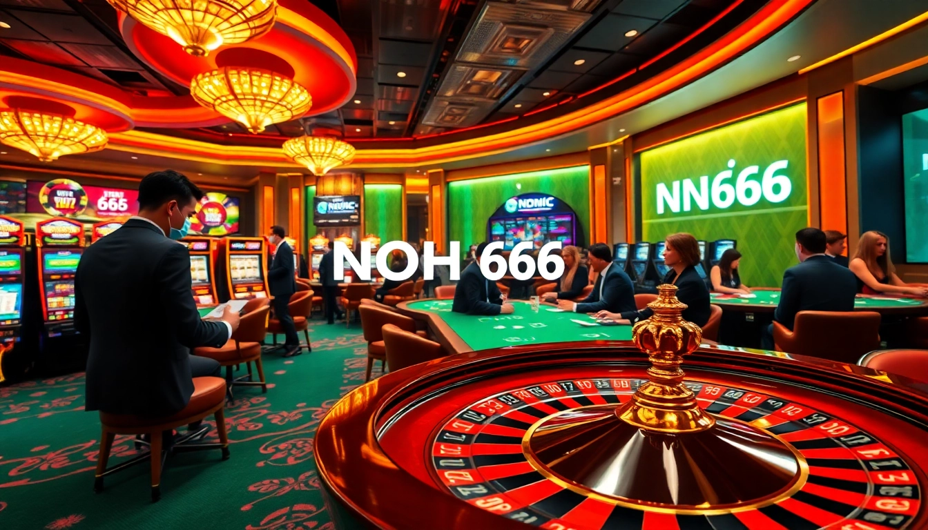 Experience the excitement of gaming at NOHU666 with a captivating casino scene featuring poker tables and slot machines.