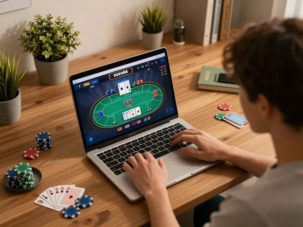Engaging player enjoying xoso66 poker on laptop in cozy home environment