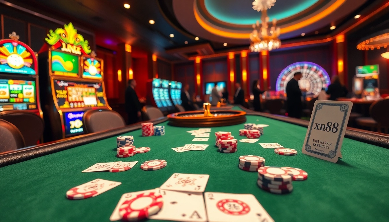 Experience high-stakes poker at xn88 with vibrant chips, glowing slots, and a thrilling casino atmosphere.