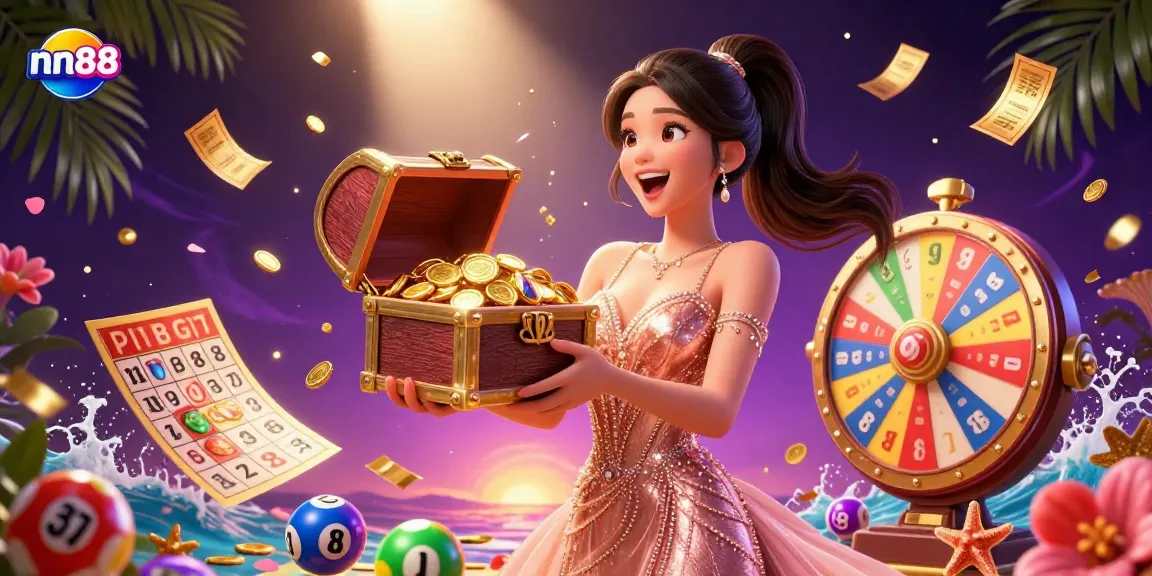 Win big with nn88 as a joyful Asian woman presents a treasure chest of golden coins and gems in a vibrant casino scene.